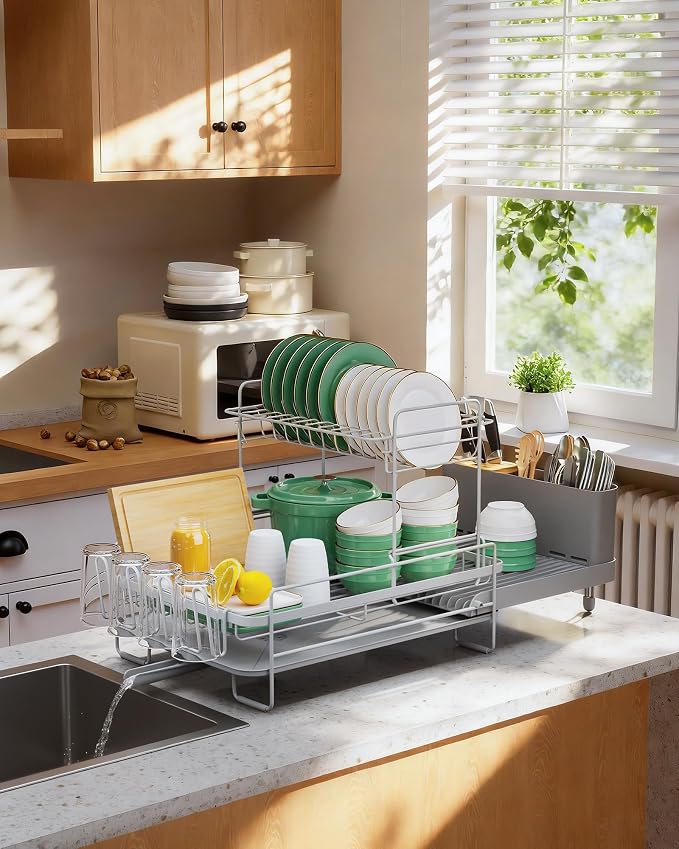 Kitsure Large Dish Drying Rack - Extendable Dish Rack, Multifunctional Dish Rack for Kitchen Counter, Anti-Rust Dish Drainers with Cutlery & Cup Holders 19.2"-26.7" L x 12.9" W x 13.6", Grey