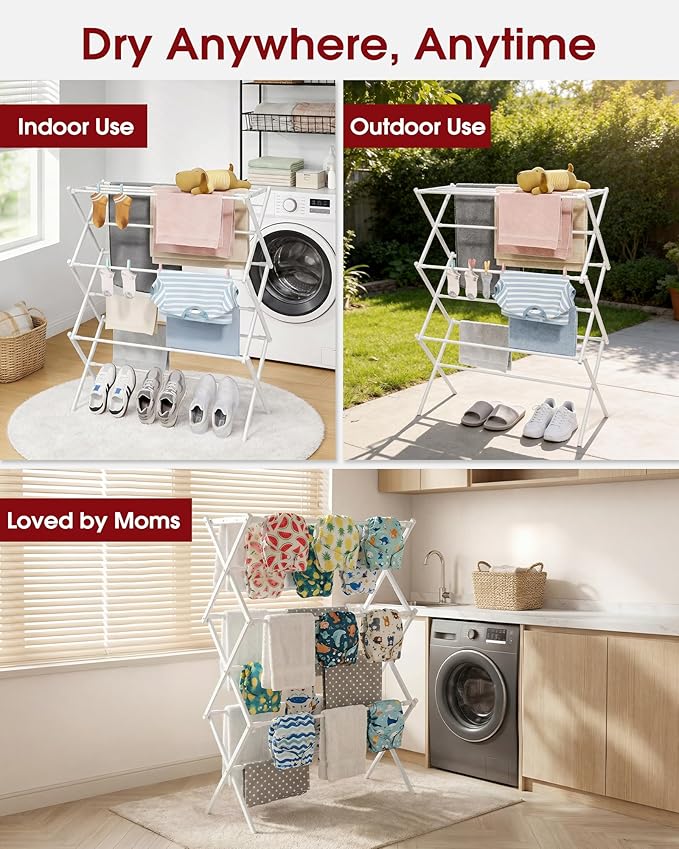 Sakugi Foldable 3-Tier Clothes Drying Rack 37.4" H with Non-Slip Feet | Indoor & Outdoor Use, Space Saving, Metal Frame, 11.4" D x 29.1" W, White