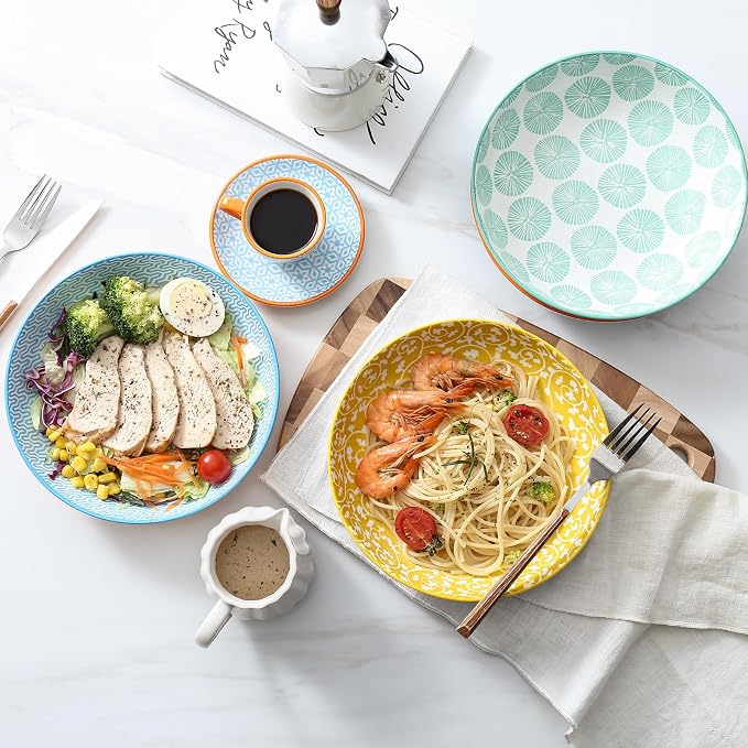 Selamica Ceramic Pasta Bowls Set 34 OZ, Large Salad & Dinner Bowls 8.6 Inch, Wide Shallow & Deep Plates for Pasta Soup, Microwave & Dishwasher Safe, Set of 6, Assorted Colors