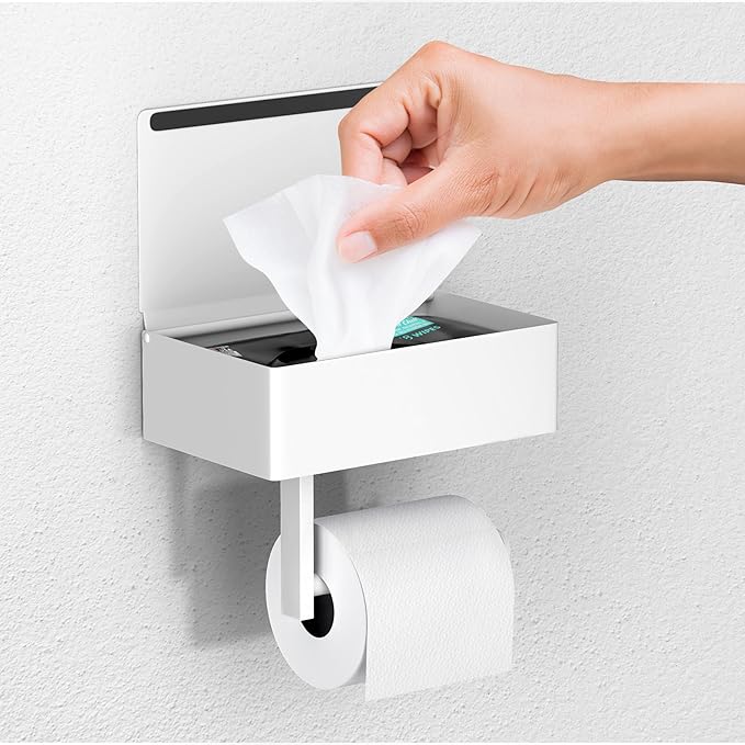 Day Moon™ - Toilet Paper Holder with Shelf - Modern Roll Holder for Bathroom - 1 Pack - Wall Mount - with Storage, White