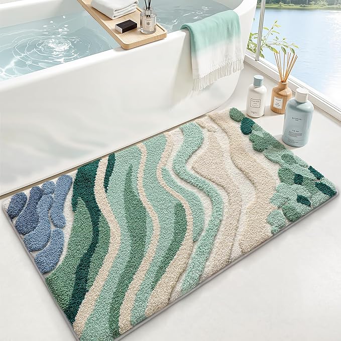 LUMI Beach Bathroom Rug Upgraded, Non Slip Bath Mat Quick Dry, Ultra Soft Washable Absorbent, Ocean Sea Theme Bath Rug for Shower Floor, Home Decor, Kids Room, Bathtub, 24"x43"