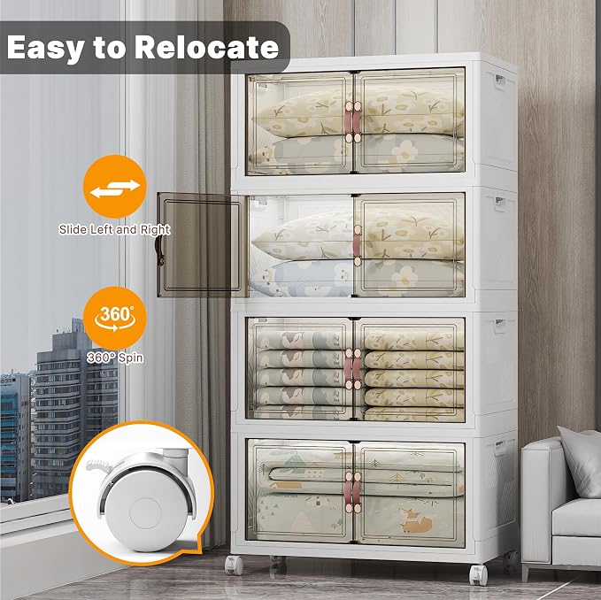 700QT Stackable Storage Bins with Lids, Storage Cabinet with Wheels | Clear Doors Lockable Storage Bins Collapsible Closet Organizer for Space Saving Easy Assembly Extra Large Capacity Heavy Duty