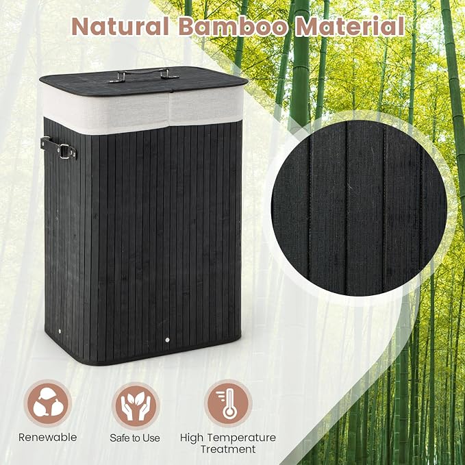 Giantex Bamboo Laundry Hamper with Lid Removable Liner & Handles | 72L Large & Tall Clothes Hamper, Rectangular Laundry Basket for Small Spaces, Laundry Room, Bedroom, Black