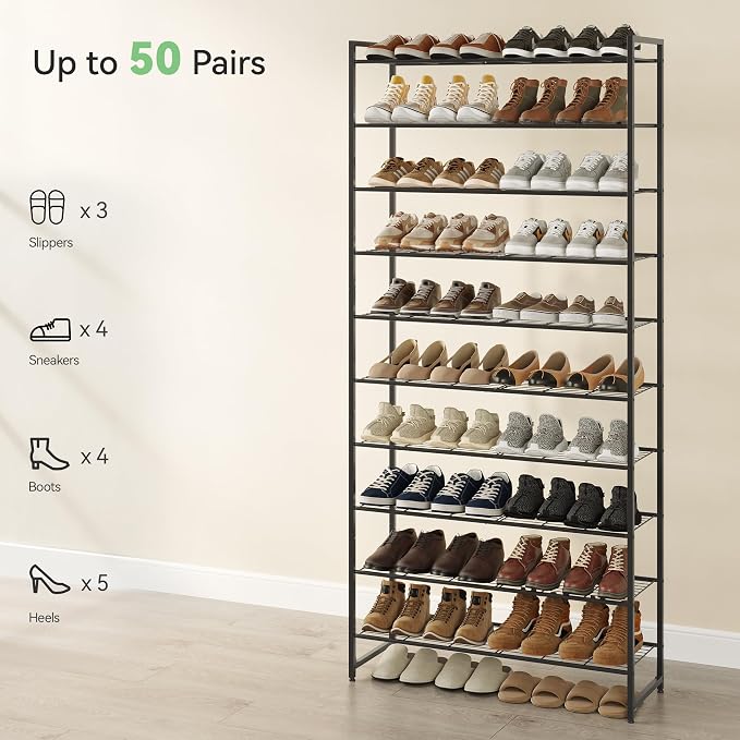 Nunsino Shoe Rack for Closet, Metal Shoe Organizer, 10 Tier Garage Shoe Rack Max Holds 50 Pairs,Shoe Storage Shelf,Entryway, Black