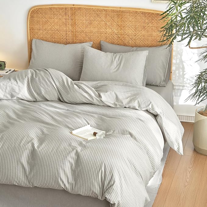 Wake In Cloud - Striped Cotton Duvet Cover Set, 100% Washed Cotton Textured Bedding Set, Ticking Stripe Pinstripe Farmhouse, 3 Pieces, Light Grey, Queen Size