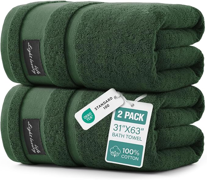 REDKISS Large Bath Towels Set 2 Piece, 100% Cotton, 31x63 in,Heavyweight 760GSM, Highly Absorbent & Quick Dry, Super Soft Luxury Towels for Bathroom,Hotel Collection - Green