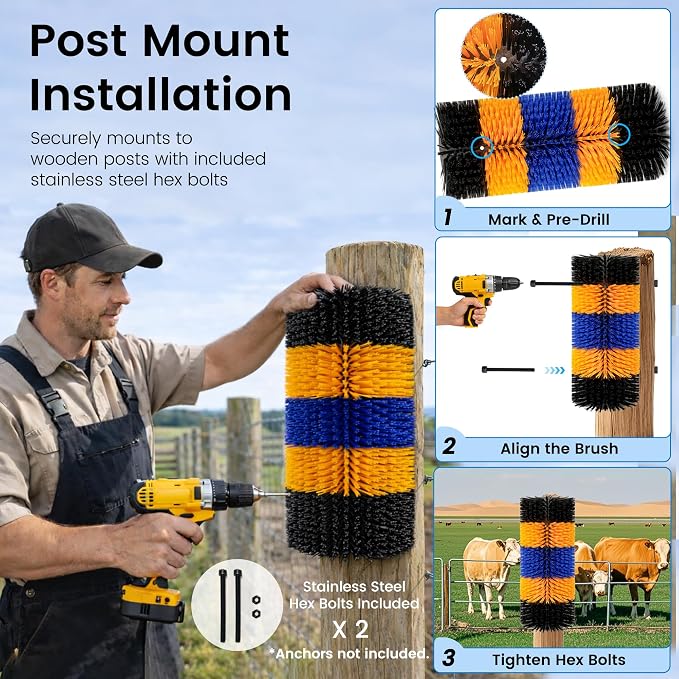 2PCS Livestock Scratching Brush for Goat, Heavy-Duty Post Grooming and Massage Scratch Brushes for Cow Donkey Goats Horse Sheep, with 8 Screws for Back Itch Relief & Keep Cleaning, 17" x 7.9"