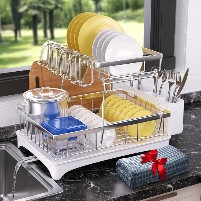 Godboat 2-Tier Dish Drying Rack - 304 Stainless Steel Dish Rack Auto Drain | Dish Racks for Kitchen Counter, Dish Drainer with Knife Fork & Cup Rack, Gifts for Women, Mothers Day, Kitchen Gadget, Silver
