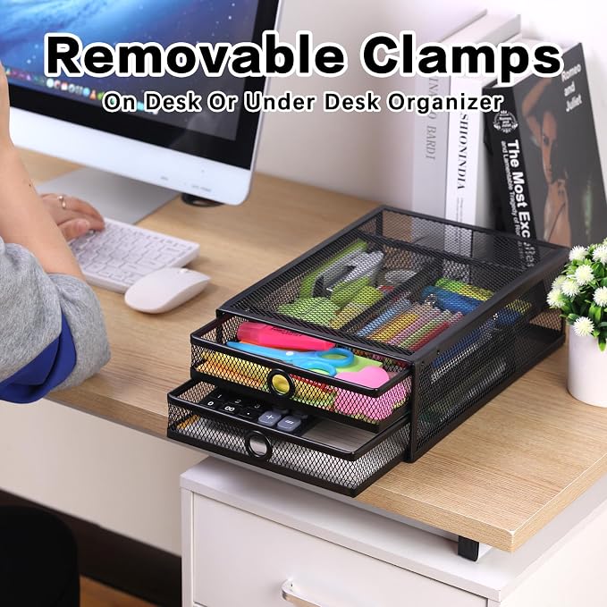 ROSYLINE Under Desk & Desktop Drawer Organizer, 2-Tier Big Capacity (Black) | Steel Construction, Clip-On No Drill Installation, Fits A4 Paper, for Office & Household Supplies