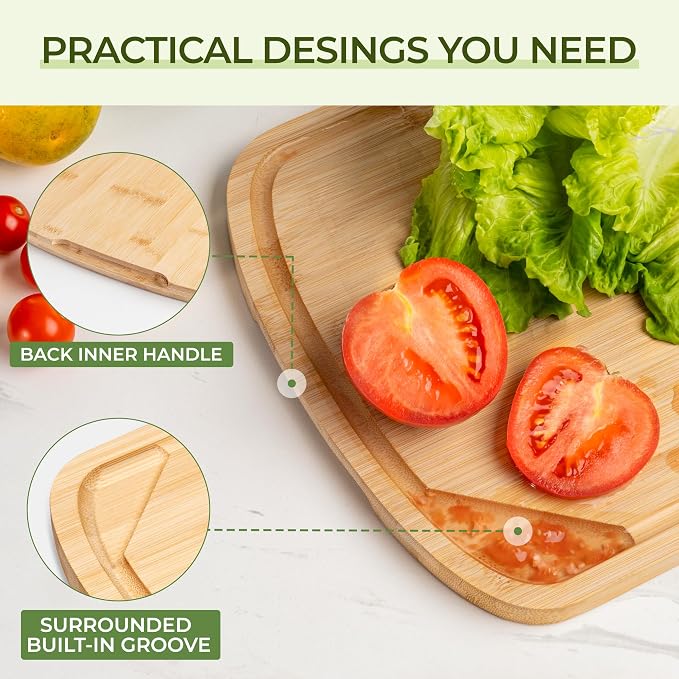 Marsmiles Bamboo Cutting Board, Durable Wood Cutting Boards with Deep Juice Grooves & Back Inner Handle, Ideal Chopping for Meat, Vegetables and Fruits, Natural, Set of 3