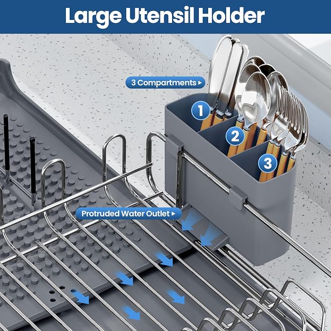 NTD Expandable Dish Drying Rack for Kitchen Counter, 16.7"-26.8", Gray | Large Multifunctional Dish Drainers, Anti-Rust, with Cutlery & Cup Holders, Self-Draining Drainboard, FIts for 4-5 People