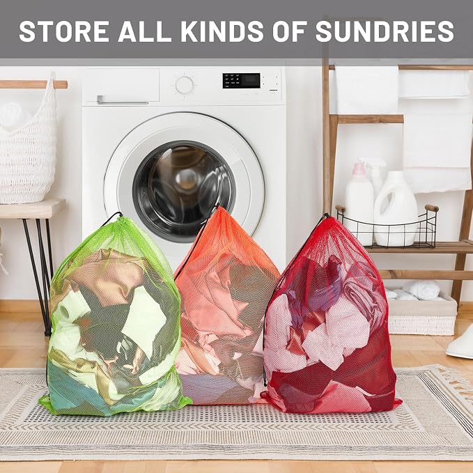 Berlune 12 Pcs 38x26 in Large Laundry Bag Colorful Extra Large Mesh Laundry Bag Bulk with Drawstring Heavy Duty Mesh Machine Washable Drawstring Pouch