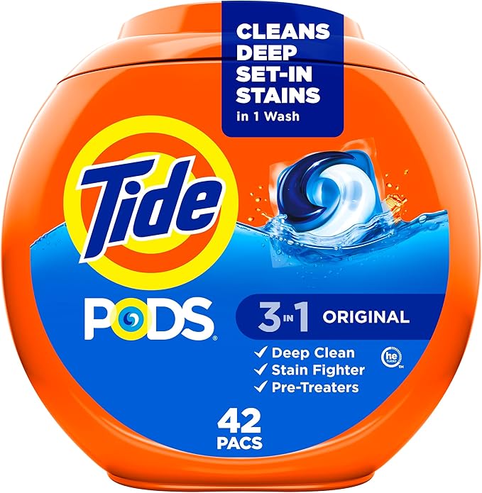 Tide PODS laundry detergent pacs, 3-in-1 Stain Remover, Odor Fighter, Color Protector, 42 Count, HE compatible, Original Scent