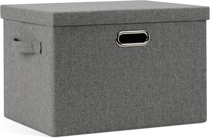 Graciadeco Large 17" 36 Quart Collapsible Stackable Storage Bins with Lids, 1 Pack Grey Foldable Fabric Closet Storage Boxes with Lids, 4 Handles Heavy-duty Linen Cube Baskets for Bedroom
