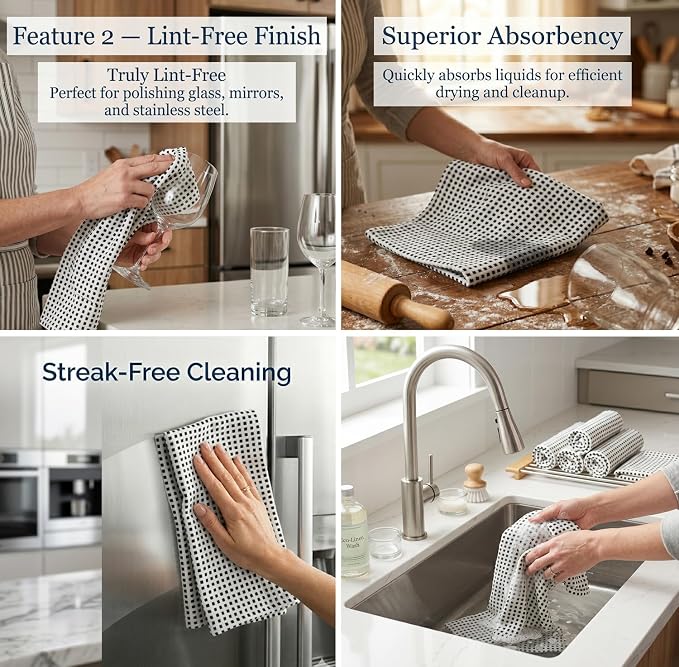 Urban Villa Christmas Dot Check Kitchen Towels Set of 6 20X30 Inches 100% Cotton Highly Absorbent Kitchen Towels Premium Quality Ultra Soft Mitered Corners Towels Black/White