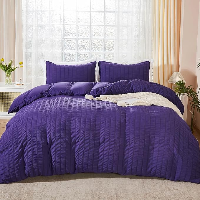 AveLom Seersucker Duvet Cover Set Queen Size (90 x 90 inches), 3 Pieces (1 Duvet Cover, 2 Pillow Cases), Dark Purple Ultra Soft Washed Microfiber, Textured Duvet Cover with Zipper Closure, Corner Ties