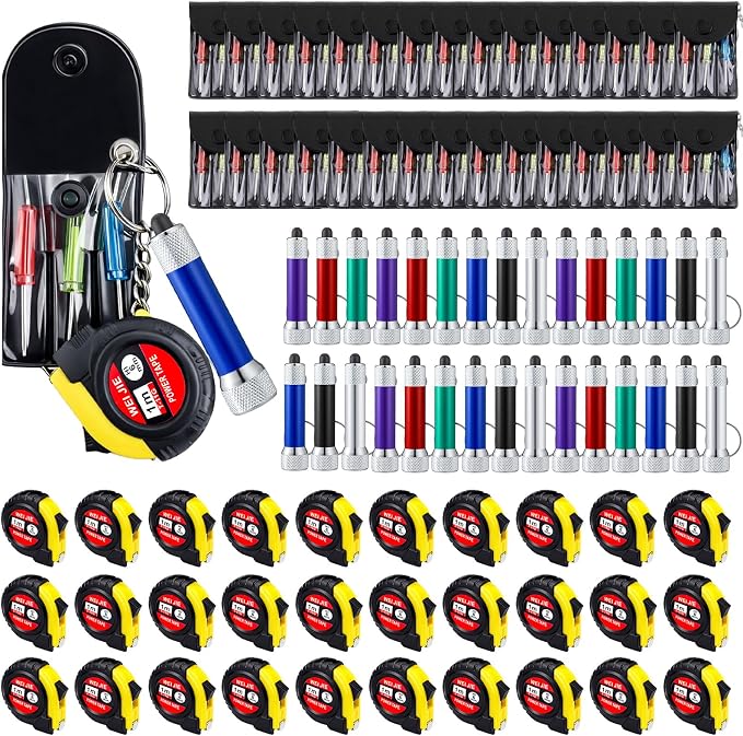 Jutom 180 Pcs Mini Tape Measure Keychain Screwdriver LED Light Keychain Bulk Men Adult Tool Party Gifts Prize for Man Father's Day Housewarming Gifts Adult Useful Tool Favors (Colorful)