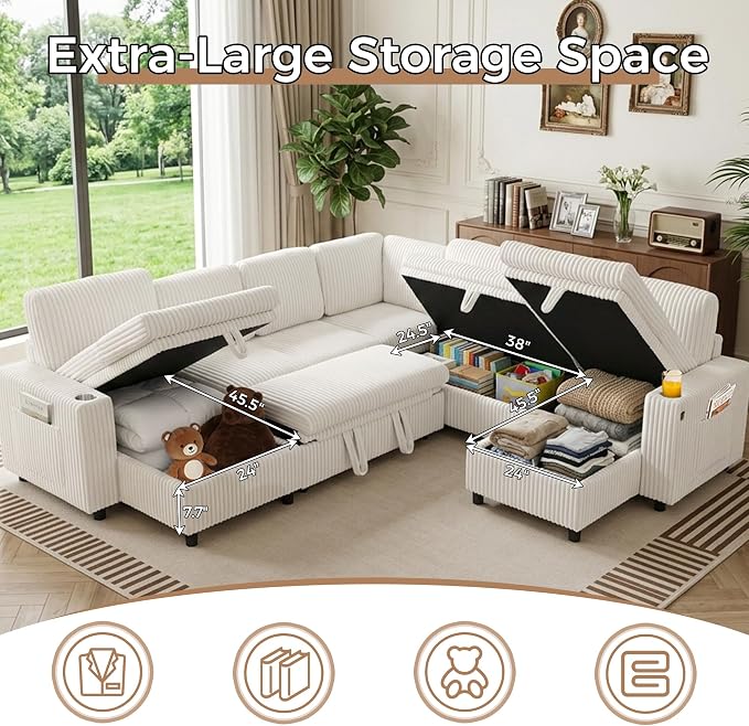 Oversized U-Shaped Sectional Sleeper Sofa for Living Room, Beige | Modular Design, Pull Out Bed, Hidden Storage Space, Soft Corduroy, USB Charging, Cup Holders, Easy Assembly
