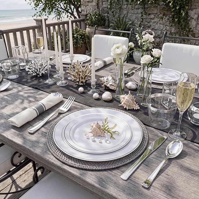 WDF Partyware 350Piece Silver Plastic Dinnerware Set for 50 Guests - Silver Plastic Plates with Cutlery Include:50Dinner Plates-50Dessert Plates-50Pre Rolled Napkins with Silverware Party Wedding