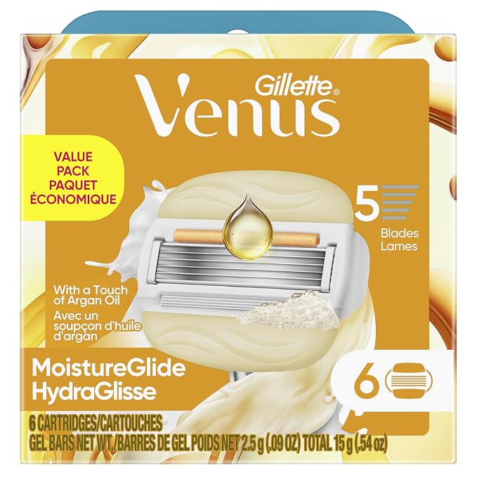 Venus MoistureGlide Women's Razor Blades,With Built-in Shave Gel Bars,6 Razor Blade Refills,(Pack of 2)