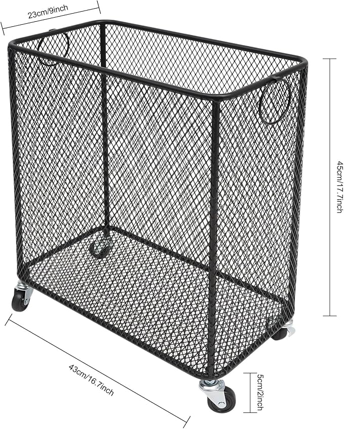 Laundry Hamper with Wheels, Rolling Laundry Basket Cart, Rectangular Metal Mesh Clothes Hamper with Metal Pull Handle for Laundry Room and Bedroom(Black, 16.9" x 9" x 17.7")