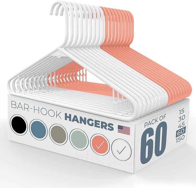 Plastic Hangers 50 Pack (60 Count) – Made in the USA – 6lb Capacity Standard Clothes Hangers with Strap Hooks for Dresses, Lingerie, Shirts, Pants, and Jackets – White & Peach