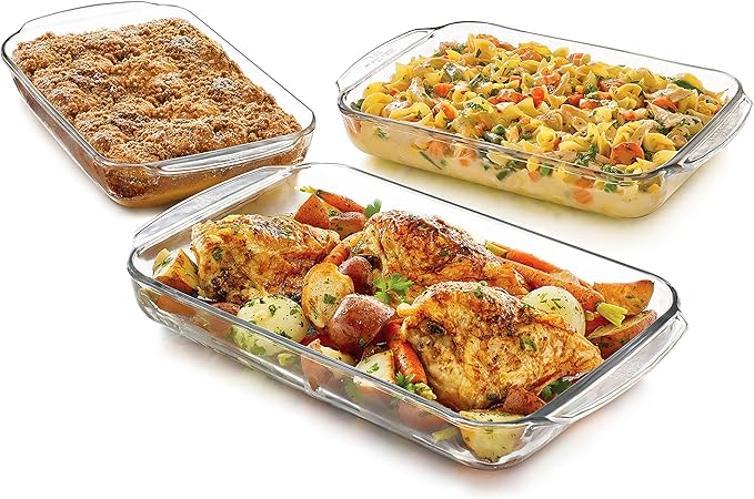 Libbey Baker's Basics 3-Piece Rectangular Glass Casserole Baking Dish Set, Clear, 2 Qt, 2.7 Qt, 3.4 Qt, Transparent, Stackable, Dishwasher Safe