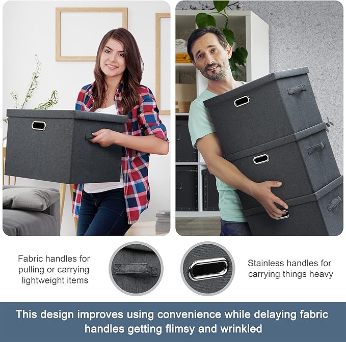 Graciadeco Large 17" 36 Quart Collapsible Stackable Storage Bins with Lids, 3 Packs Dark Gray Foldable Fabric Closet Storage Boxes with Lids, Heavy-duty Linen Cube Baskets(17x12x11)