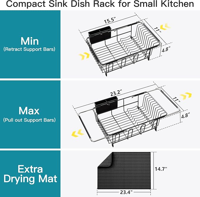 JASIWAY Black Dish Drying Rack in Sink with Mat, Cups and Utensil Holder | Use Over the Sink or Counter, Stainless Steel Expandable Dish Drainer for Small Kitchen, Space Saving, Fast Drain, Rustproof