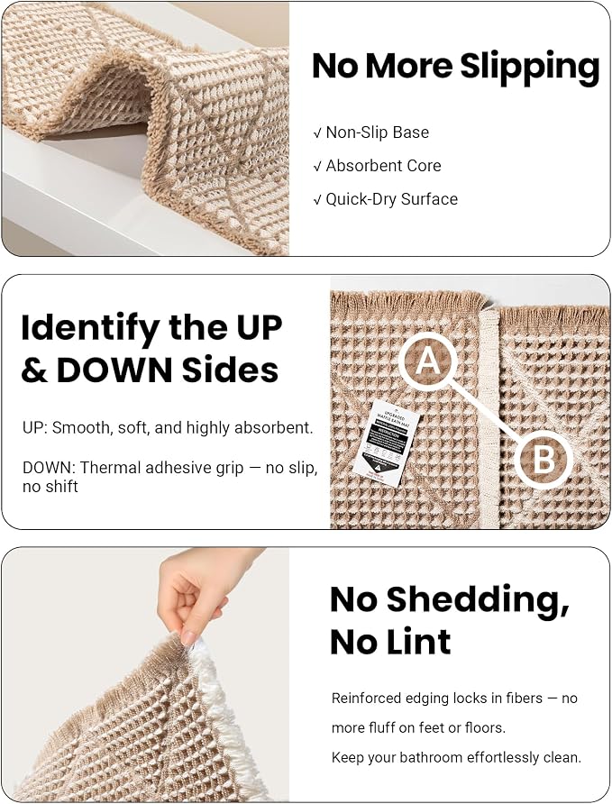 Furicher Waffle Bath Mat Set, Non Slip Bathroom Rugs Sets 2 Piece, Ultra Absorbent Long Bath Rug Runner for Bathroom Boho Chic Decor, Machine Washable Floor Mats, Brown & White, 20"×47" Plus 18"×30"