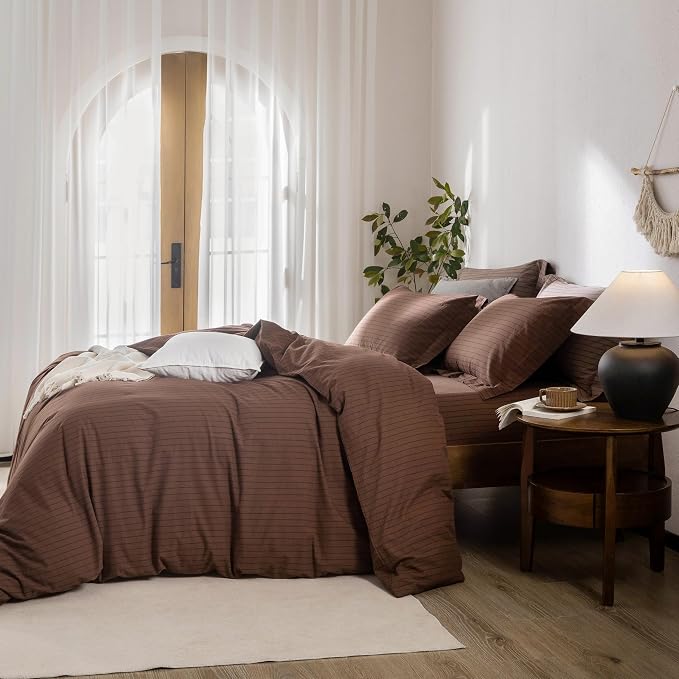Stripe Duvet Cover Queen Size 90inch x 90inch,100% Washed Cotton Pinstripe Duvet Cover with Zipper Closure and 2 Pillowcases, Color of Cocoa Brown-Black Stripe
