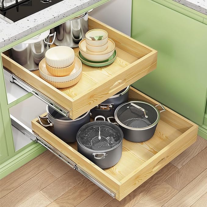 Pull Out Cabinet Organizer, Soft Close Wooden Slide Out Drawers for Pots and Pans, Full-extension Roll Out Shelves for Kitchen Cabinets, Pantry Organization, Bottom & Side Mount(12"W X 21"D x 3.4''H)