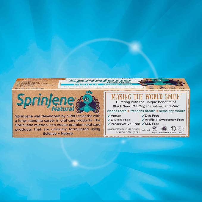 SprinJene Natural Children’s Toothpaste – Fluoride Free Vanilla Toothpaste for Toddlers & Kids – Gentle Safe Natural Formula with Patented Black Seed Oil & Zinc – Made in the USA (4 Pack)