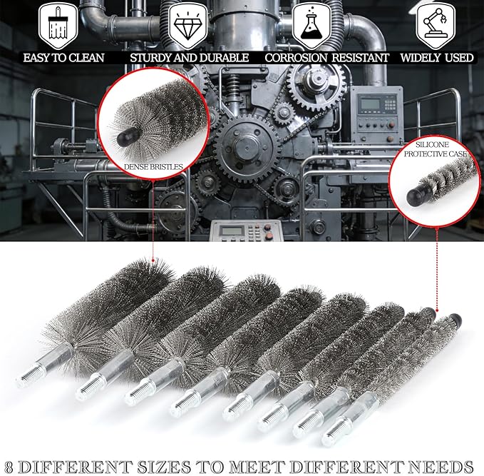 50 in Pipe Cleaning Brush Set with Stainless Steel Bristles, Wire Brush with 4pcs Stainless Steel Spring Flexible Rods, Stainless Steel Pipe Brush 8pcs for Auto Parts, Bottles, Tubes.