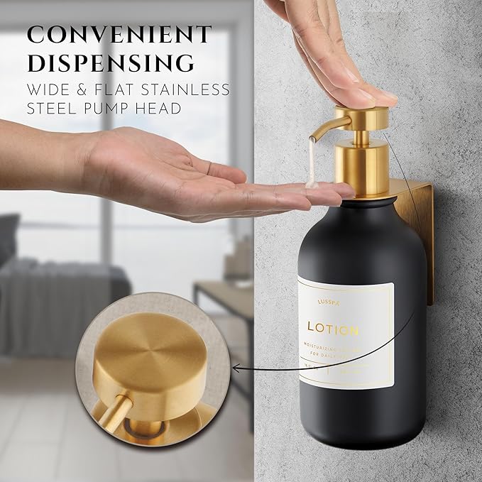 Shower Shampoo Dispenser Wall Mounted – Refillable 16.9 oz Black Bottle with Stainless Steel Pump & No-Drill Adhesive Holder – Soap Dispenser for Bathroom (1 X Black/Gold)