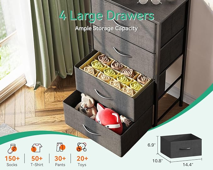AODK Small Dresser for Bedroom with 4 Storage Drawers, Dark Grey | Dressers Chest of Drawers Fabric Dresser with Sturdy Steel Frame, Dressers for Closet with Wood Top