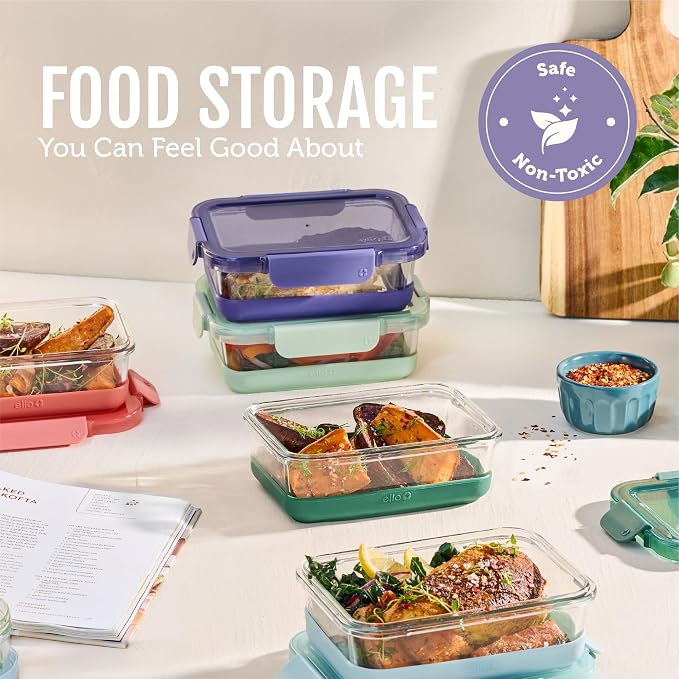 Ello Duraglass Refresh 3.4 Cup Meal Prep Containers, 10 Pc, Everest | Glass meal prep container set with silicone boots, airtight leakproof BPA-free lids, microwave, freezer & dishwasher safe
