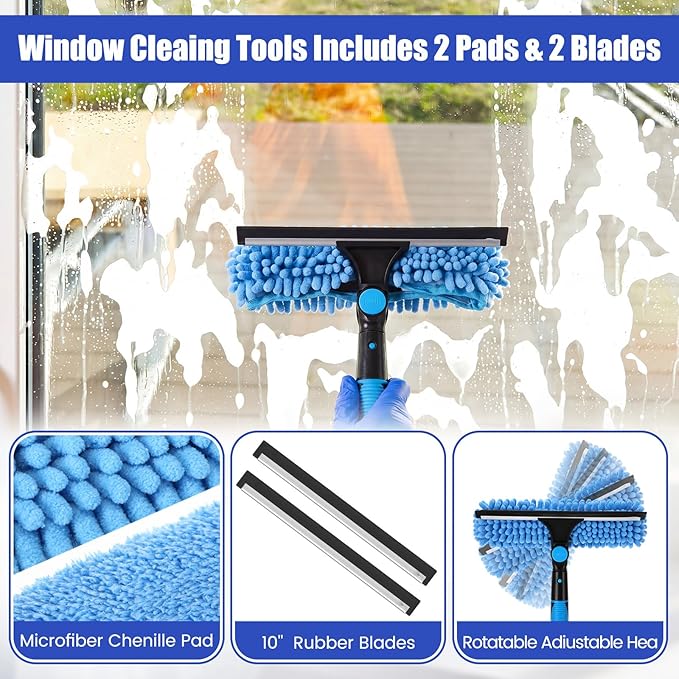 Window Cleaning Kit with Bucket 71" Long Handle 4-in-1 Rotatable Window Squeegee and Microfiber Scrubber Pads High Windows Washing Tool for Commercial Home Outdoor Car