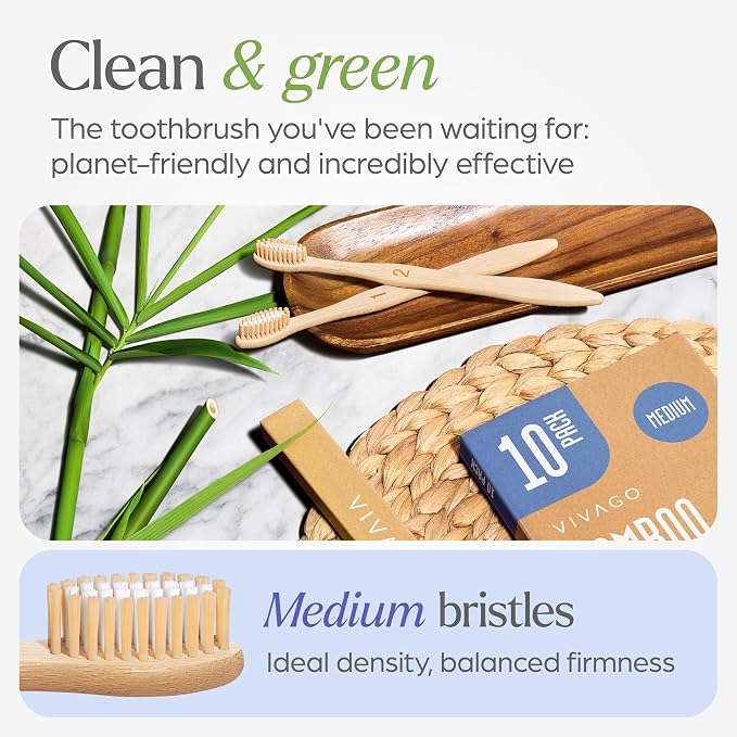 VIVAGO Bamboo Toothbrushes - Medium Bristles Toothbrushes for Adults | Natural Toothbrush, Eco-Friendly, Wooden Toothbrush, BPA-Free, 10 Pack