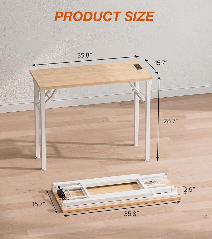 XBurmo Small Folding Desk Folding Table, No Assembly Foldable Desk Gaming Desk, 35.8-Inch Computer Table Workstation with 2 AC Outlets and 2 USB Ports for Bedroom and Home Office, Light Maple