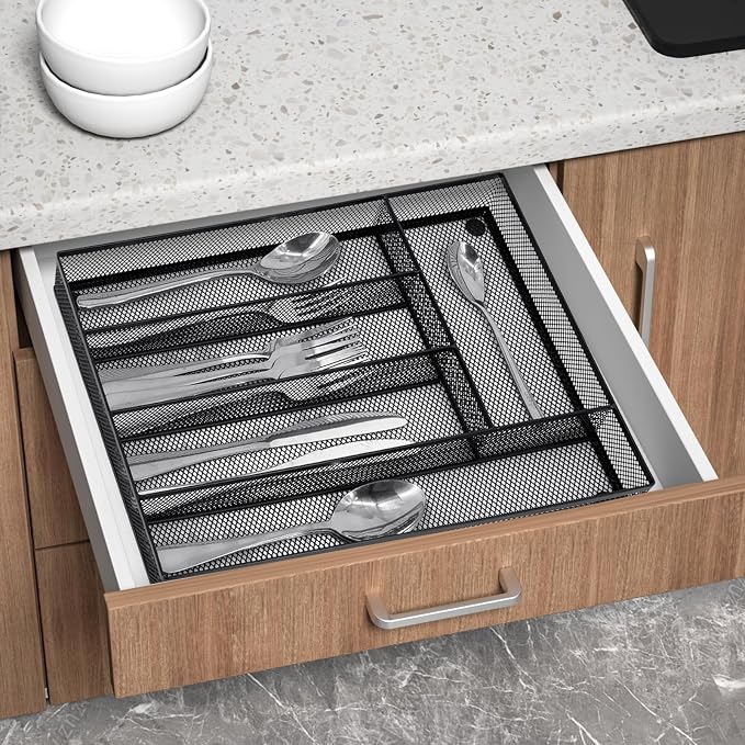 Neudeco Silverware Drawer Organizer, Black | 5 Compartment, Mesh Wire, Non-Slip Feet, Cutlery Tray