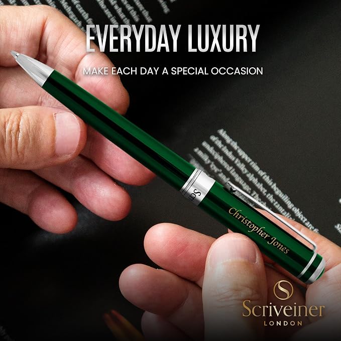 Scriveiner Personalized British Racing Green Ballpoint Pen - Stunning Green Lacquer Luxury Pen with Chrome Finish, Schmidt Ink Refill, Engraved Ball Point Gift Set for Men & Women, Custom Engraving