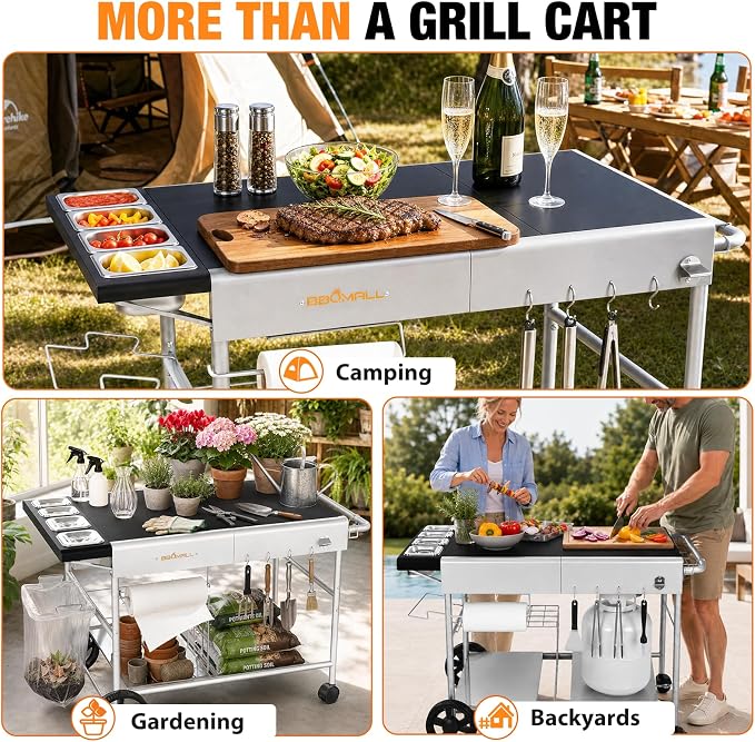 Pizza Oven Table Grill Cart for Ninja Woodfire, Blackstone Griddle, Ooni | 51'' Outdoor Pizza Oven Stand with Seasoning Tray for Outdoor Cooking, BBQ Prep Station, Easy Assembly 30048