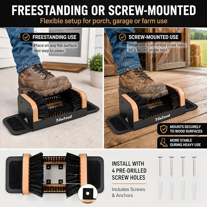 Boot Brush Scraper Outdoor Heavy Duty Boot Cleaner Brush Outdoor with Natural Stiff Bristles Boot Scrapers with Brushes Outdoor Steel Frame Non-Slip Base Foldable Side Wings Wall Mount or Freestanding