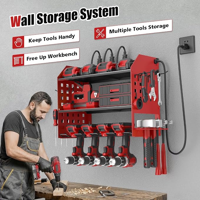 SUNALLY Power Tool Organizer Wall Mount with Charging Station,3 Layer Metal Tool Storage Rack with 4 Drill Holders, Heavy Duty Power Tool Shelf for Garage, Warehouse, Workshop, Gifts for Men, Husband
