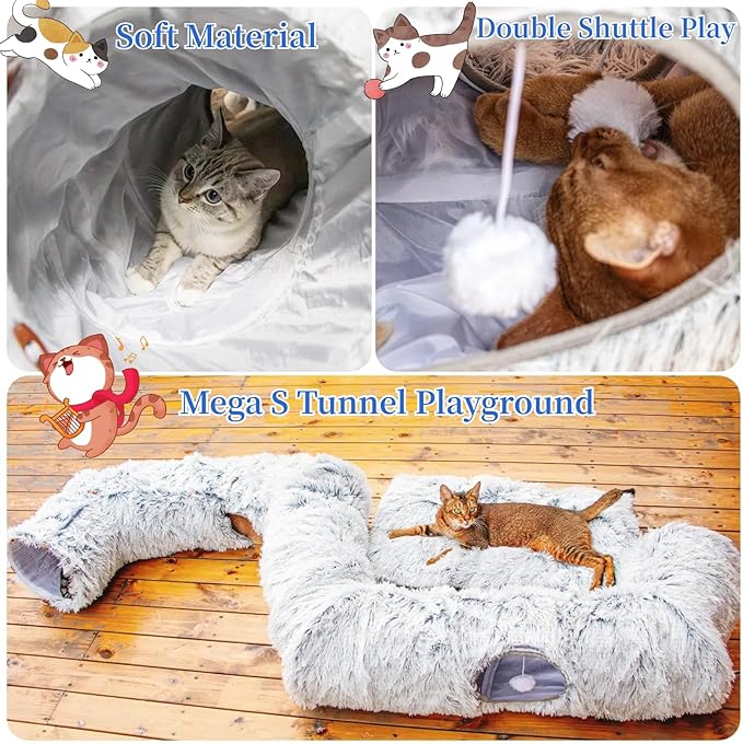 XxingSheep 4-Cave Plush XL Cat Tunnel Bed Indoor Cats Peekaboo Toy Mat Grey | Plush XL Cat Tunnel Bed, 4-Cave Peekaboo Toy, Cozy Donut Mat for All Cats