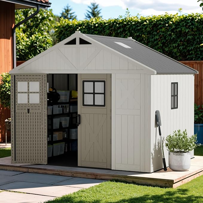 Devoko 10x8 FT Resin Outdoor Storage Shed with Floor, Plastic Tool Garden Shed with Windows & Lockable Door, Outside Large Storage Shed for Patio Backyard Lawn, Beige