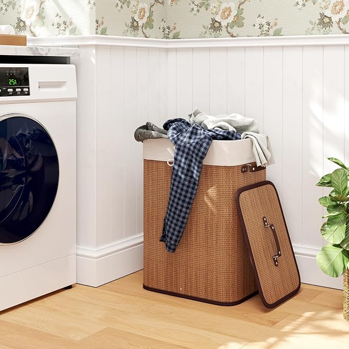 Giantex Bamboo Laundry Hamper with Lid Removable Liner & Handles | 72L Large & Tall Clothes Hamper, Rectangular Laundry Basket for Small Spaces, Laundry Room, Bedroom, Bamboo