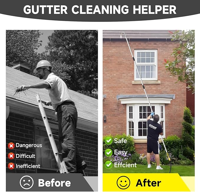 24FT Reach Gutter Cleaning Tools from Ground, Telescopic Rain Gutter Cleaners Tool with Hose Attachment and Heavy Duty Wand & Connecting Adapter