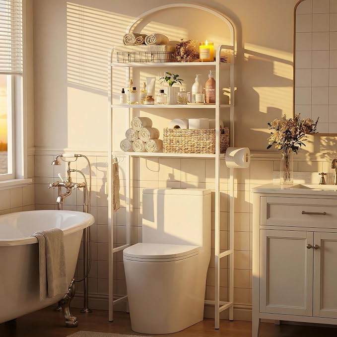 Over The Toilet Storage Rack - 3 Tier Bathroom Organizer with 4 Hooks & Paper Holder - Space Saving Metal Shelf for Bathroom - White Toilet Storage